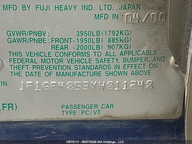 Продаж на аукціоні авто 2000 Subaru Impreza Outback Sport, vin: JF1GF4853YH811248, номер лоту: 12675113