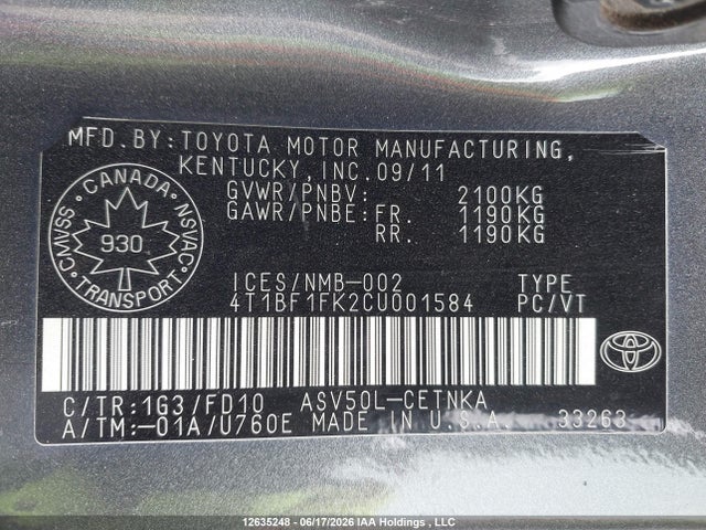 2012 Toyota Camry Le მანქანა იყიდება აუქციონზე, vin: 4T1BF1FK2CU001584, აუქციონის ნომერი: 12635248