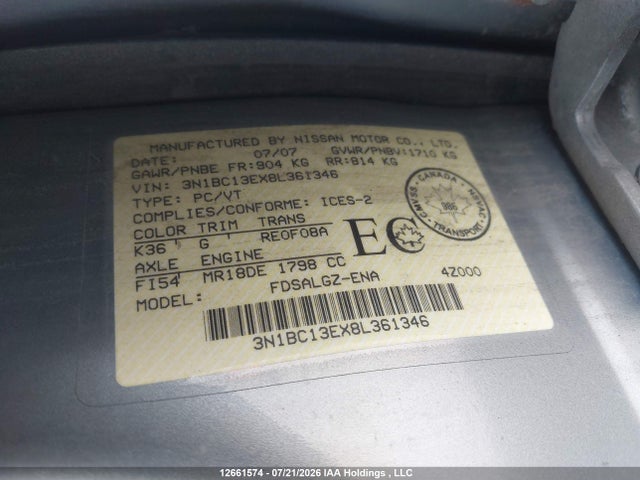 Продажа на аукционе авто 2008 Nissan Versa 1.8 Sl, vin: 3N1BC13EX8L361346, номер лота: 12661574