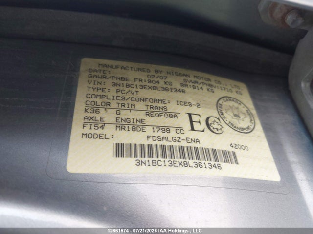 Продажа на аукционе авто 2008 Nissan Versa 1.8 Sl, vin: 3N1BC13EX8L361346, номер лота: 12661574