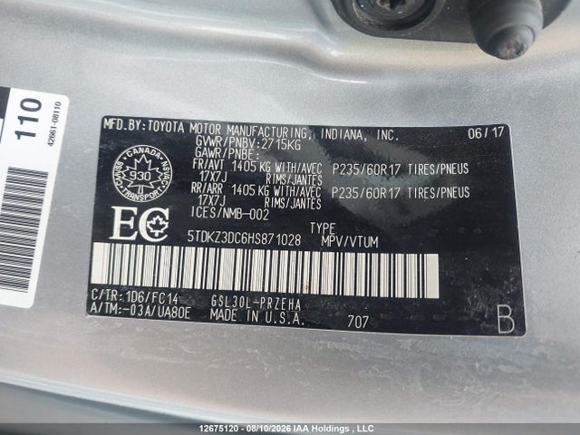 2017 Toyota Sienna Le მანქანა იყიდება აუქციონზე, vin: 5TDKZ3DC6HS871028, აუქციონის ნომერი: 12675120