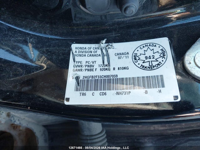 2012 Honda Civic Ex მანქანა იყიდება აუქციონზე, vin: 2HGFB2F55CH007059, აუქციონის ნომერი: 12671466
