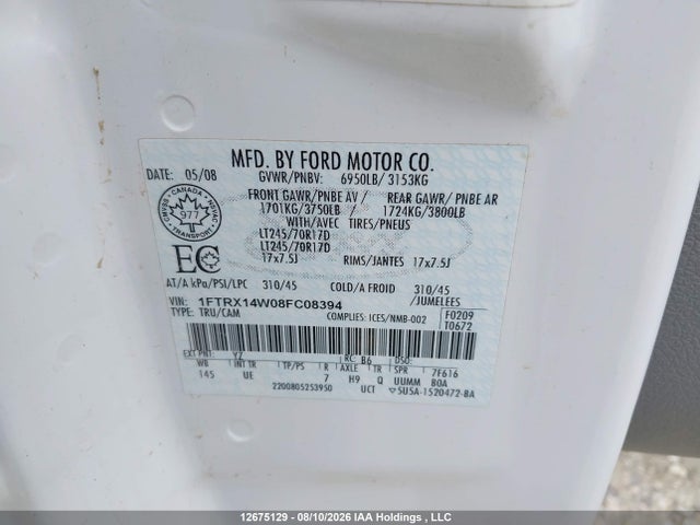 Продаж на аукціоні авто 2008 Ford F-150 Stx/xl/xlt, vin: 1FTRX14W08FC08394, номер лоту: 12675129