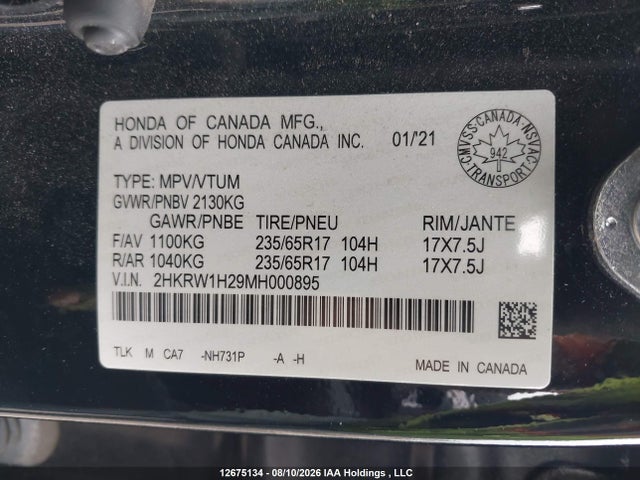 Honda CR-V LX 2021 2HKRW1H29MH000895 Image 9