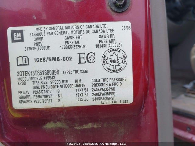 Продаж на аукціоні авто 2005 Gmc New Sierra K1500, vin: 2GTEK13T851380096, номер лоту: 12675138