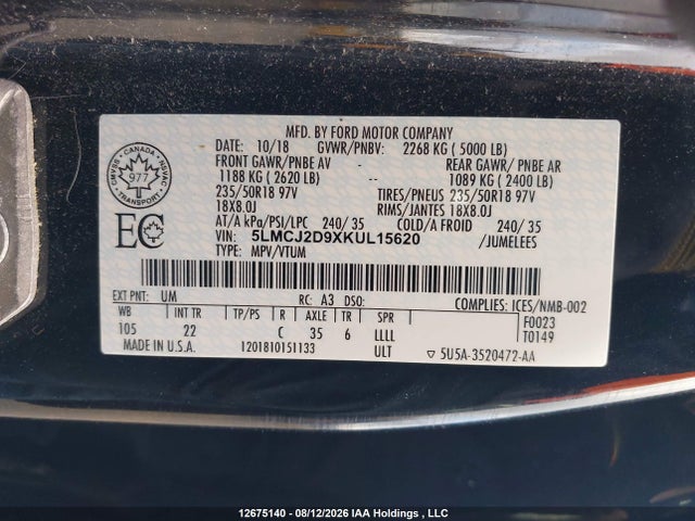 Продажа на аукционе авто 2019 Lincoln Mkc Select, vin: 5LMCJ2D9XKUL15620, номер лота: 12675140
