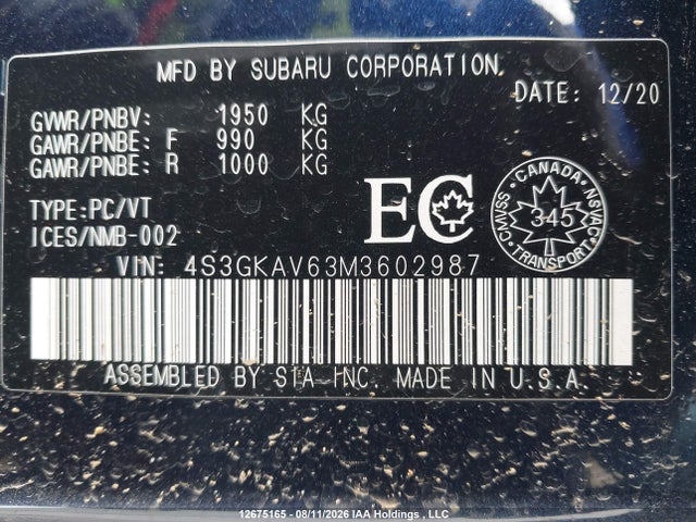 2021 Subaru Impreza Touring With Eyesight 4-door მანქანა იყიდება აუქციონზე, vin: 4S3GKAV63M3602987, აუქციონის ნომერი: 12675165