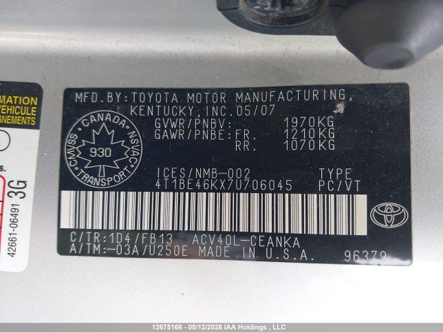 Продажа на аукционе авто 2007 Toyota Camry Le/se, vin: 4T1BE46KX7U706045, номер лота: 12675166