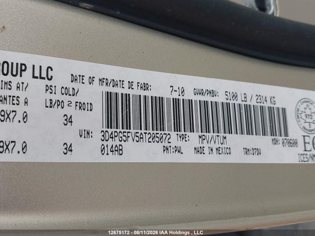 12675172 :رقم المزاد ، 3D4PG5FV5AT205072 vin ، 2010 Dodge Journey Sxt مزاد بيع