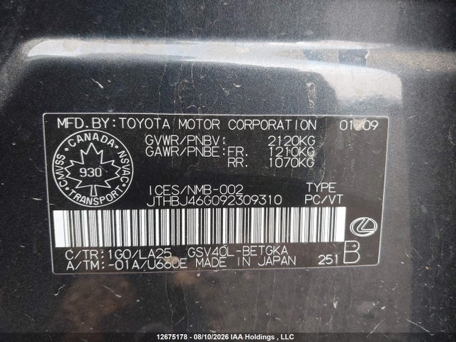 Продажа на аукционе авто 2009 Lexus Es 350 350, vin: JTHBJ46G092309310, номер лота: 12675178