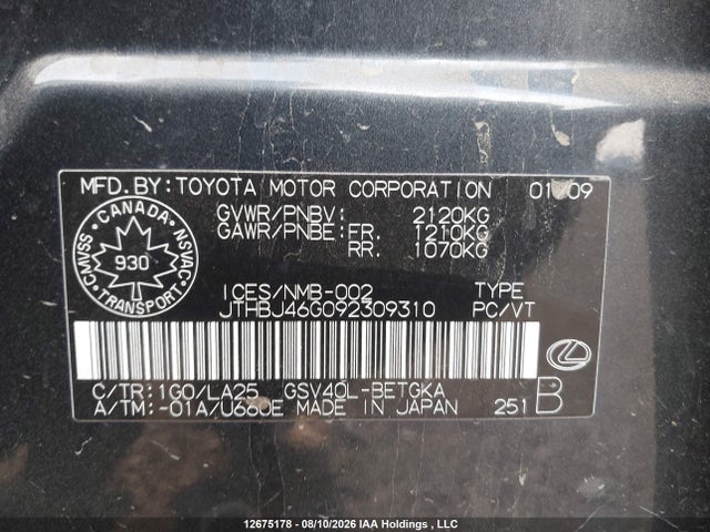 Продажа на аукционе авто 2009 Lexus Es 350 350, vin: JTHBJ46G092309310, номер лота: 12675178