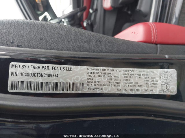 2022 Dodge Durango R/t მანქანა იყიდება აუქციონზე, vin: 1C4SDJCT3NC189774, აუქციონის ნომერი: 12675183