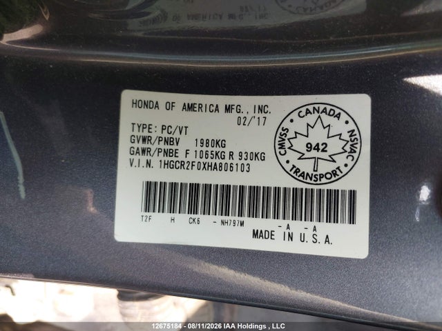 1HGCR2F0XHA806103 Honda Accord Touring