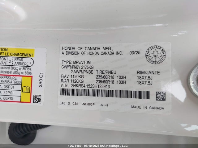 12675189 :رقم المزاد ، 2HKRS4H52SH123913 vin ، 2025 Honda Cr-v Sport مزاد بيع