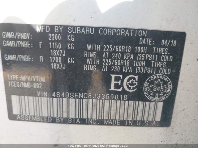 Auction sale of the 2018 Subaru Outback 3.6r Limited, vin: 4S4BSFNC8J3359018, lot number: 12675190