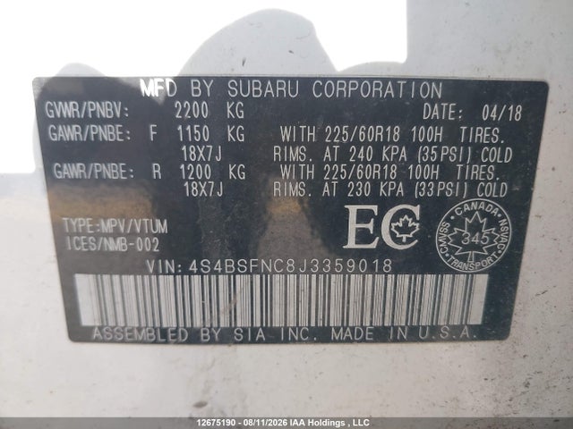 Auction sale of the 2018 Subaru Outback 3.6r Limited, vin: 4S4BSFNC8J3359018, lot number: 12675190