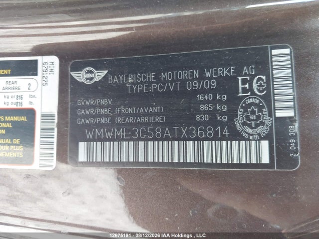 Aukcja sprzedaży 2010 Mini Clubman, vin: WMWML3C58ATX36814, numer aukcji: 12675191