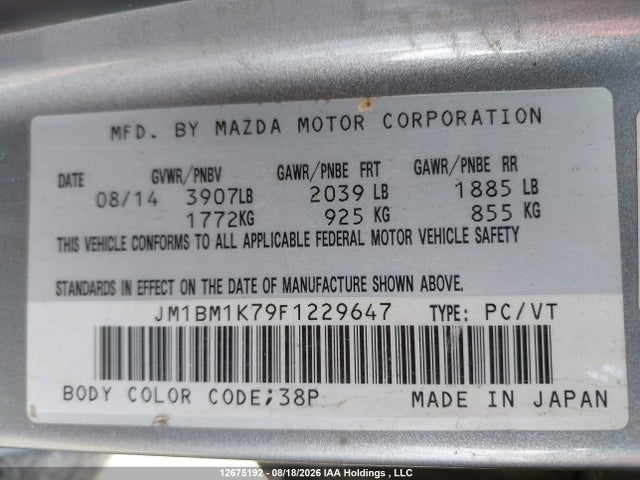 12675192 :رقم المزاد ، JM1BM1K79F1229647 vin ، 2015 Mazda Mazda3 Gx مزاد بيع