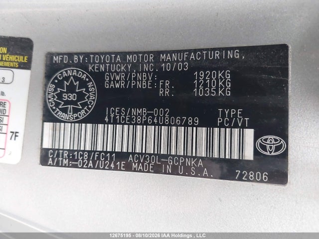 Продаж на аукціоні авто 2004 Toyota Camry Solara Se/sle, vin: 4T1CE38P64U806789, номер лоту: 12675195