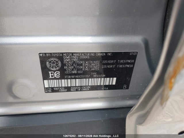 12675202 :رقم المزاد ، 2T3B1RFV6SC551157 vin ، 2025 Toyota Rav4 Le مزاد بيع