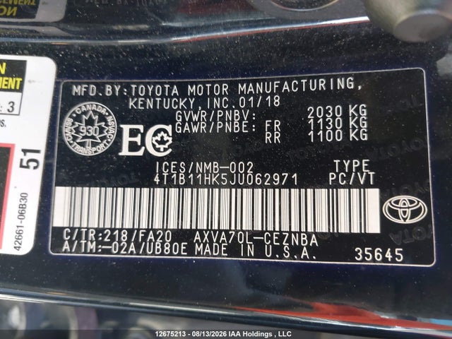 Продаж на аукціоні авто 2018 Toyota Camry, vin: 4T1B11HK5JU062971, номер лоту: 12675213