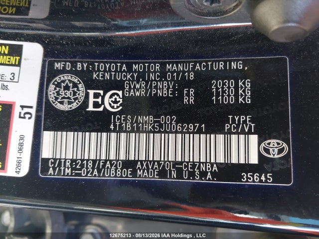Продаж на аукціоні авто 2018 Toyota Camry, vin: 4T1B11HK5JU062971, номер лоту: 12675213