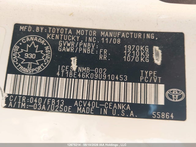 2009 Toyota Camry Se/le/xle მანქანა იყიდება აუქციონზე, vin: 4T1BE46K09U910453, აუქციონის ნომერი: 12675214