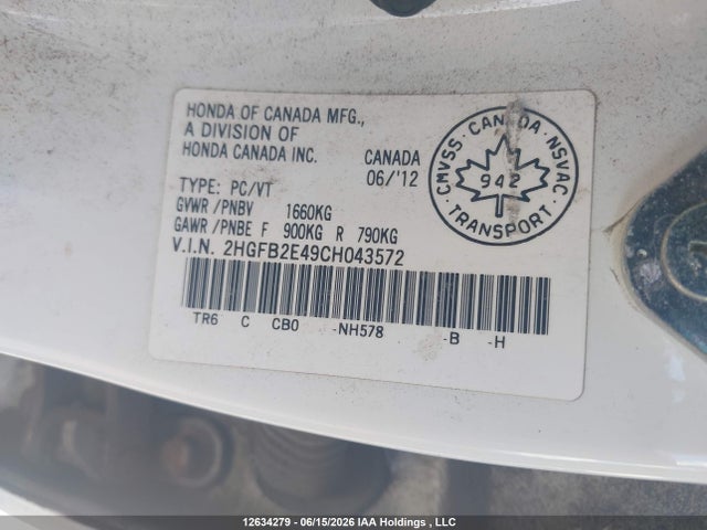 Продаж на аукціоні авто 2012 Honda Civic Lx, vin: 2HGFB2E49CH043572, номер лоту: 12634279