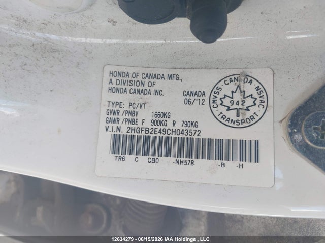 Продаж на аукціоні авто 2012 Honda Civic Lx, vin: 2HGFB2E49CH043572, номер лоту: 12634279