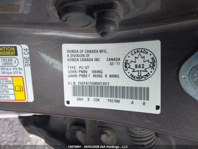 Продаж на аукціоні авто 2011 Honda Civic Se, vin: 2HGFA1F60BH014912, номер лоту: 12670691