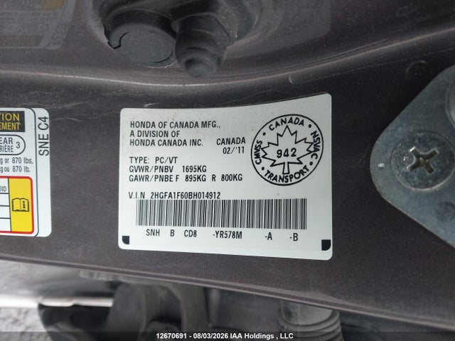 Продаж на аукціоні авто 2011 Honda Civic Se, vin: 2HGFA1F60BH014912, номер лоту: 12670691