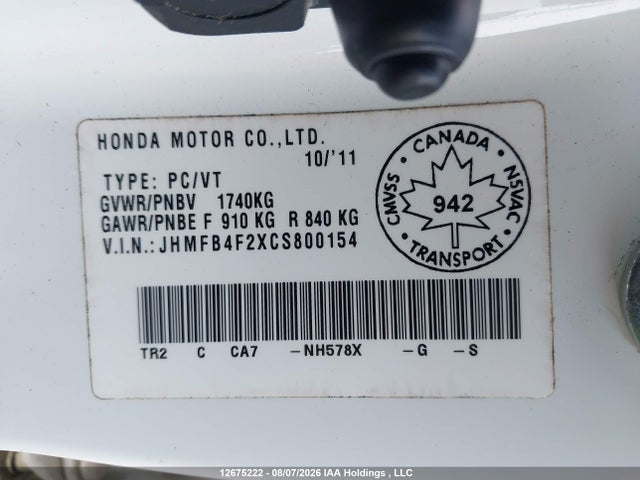 Продаж на аукціоні авто 2012 Honda Civic Hybrid, vin: JHMFB4F2XCS800154, номер лоту: 12675222
