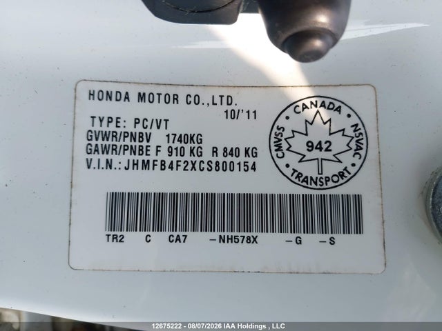 Продаж на аукціоні авто 2012 Honda Civic Hybrid, vin: JHMFB4F2XCS800154, номер лоту: 12675222