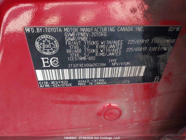 2016 Toyota Rav4 Le მანქანა იყიდება აუქციონზე, vin: 2T3ZFREV0GW262394, აუქციონის ნომერი: 12648583