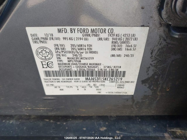 12649325 :رقم المزاد ، MAJ6S3FL5KC265219 vin ، 2019 Ford Ecosport S مزاد بيع