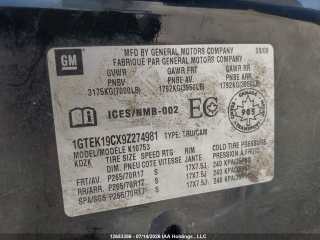 2009 Gmc Sierra 1500 Sl/sle/wt მანქანა იყიდება აუქციონზე, vin: 1GTEK19CX9Z274981, აუქციონის ნომერი: 12653386