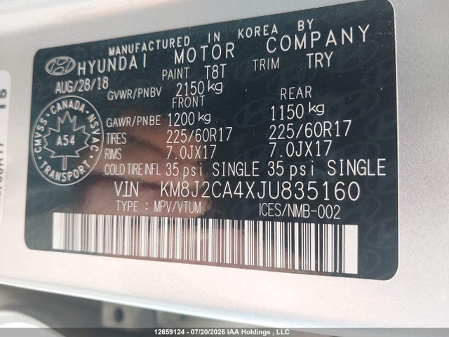 12659124 :رقم المزاد ، KM8J2CA4XJU835160 vin ، 2018 Hyundai Tucson Base 2.0l مزاد بيع