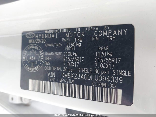 2020 Hyundai Kona Electric Preferred მანქანა იყიდება აუქციონზე, vin: KM8K23AG0LU094339, აუქციონის ნომერი: 12668124