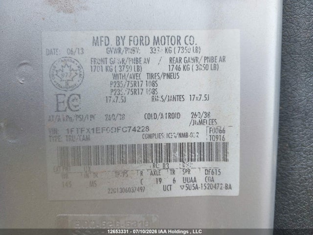2013 Ford F-150 Xlt მანქანა იყიდება აუქციონზე, vin: 1FTFX1EF0DFC74228, აუქციონის ნომერი: 12653331