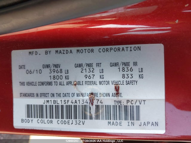 12660283 :رقم المزاد ، JM1BL1SF4A1342974 vin ، 2010 Mazda Mazda3 Gs/gx مزاد بيع
