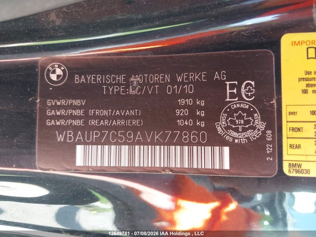 2010 Bmw 128 I მანქანა იყიდება აუქციონზე, vin: WBAUP7C59AVK77860, აუქციონის ნომერი: 12649781