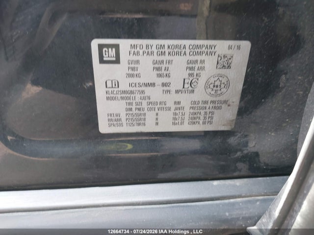 Продаж на аукціоні авто 2016 Buick Encore Sport Touring, vin: KL4CJ2SM0GB677595, номер лоту: 12664734