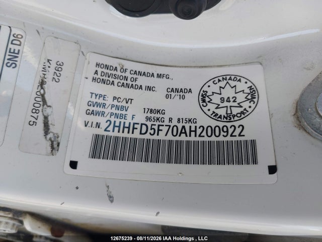 Продажа на аукционе авто 2010 Acura Csx Technology, vin: 2HHFD5F70AH200922, номер лота: 12675239