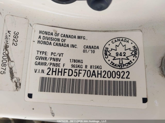Продажа на аукционе авто 2010 Acura Csx Technology, vin: 2HHFD5F70AH200922, номер лота: 12675239