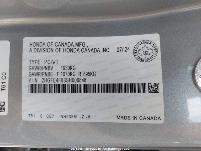 Продажа на аукционе авто 2025 Honda Civic Sport/sport Touring, vin: 2HGFE4F83SH000848, номер лота: 12675246