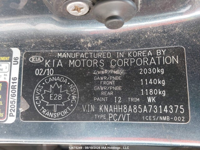 2010 Kia Rondo მანქანა იყიდება აუქციონზე, vin: KNAHH8A85A7314375, აუქციონის ნომერი: 12675249
