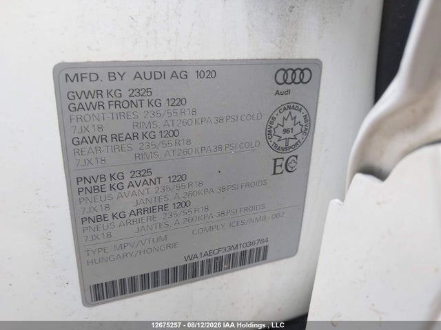 2021 Audi Q3 მანქანა იყიდება აუქციონზე, vin: WA1AECF33M1036784, აუქციონის ნომერი: 12675257