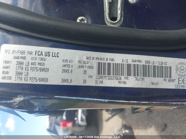 12675259 :رقم المزاد ، 1C6RR7MT3GS378636 vin ، 2016 Ram 1500 مزاد بيع