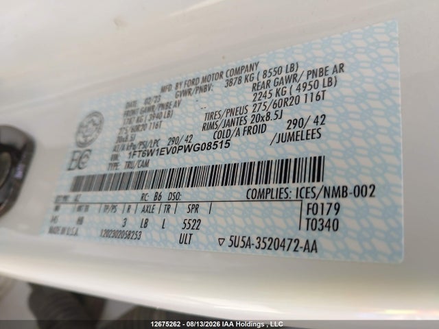 2023 Ford F-150 Lightning Lariat მანქანა იყიდება აუქციონზე, vin: 1FT6W1EV0PWG08515, აუქციონის ნომერი: 12675262
