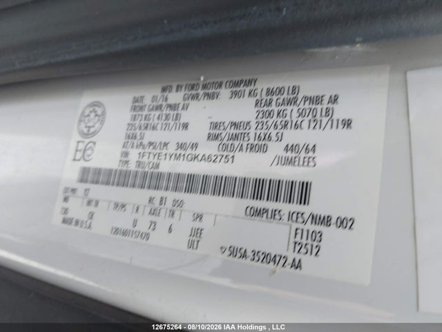 Aukcja sprzedaży 2016 Ford Transit-150, vin: 1FTYE1YM1GKA62751, numer aukcji: 12675264
